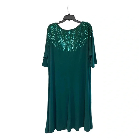 Roman's Hunter Green 2X Knee Length Swing Dress with Sequins around Neckline - Picture 3 of 7